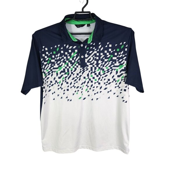 Mens Walter Hogan Polo Shirt Blue Green White Geometric Print Short Sleeve L - Picture 1 of 8